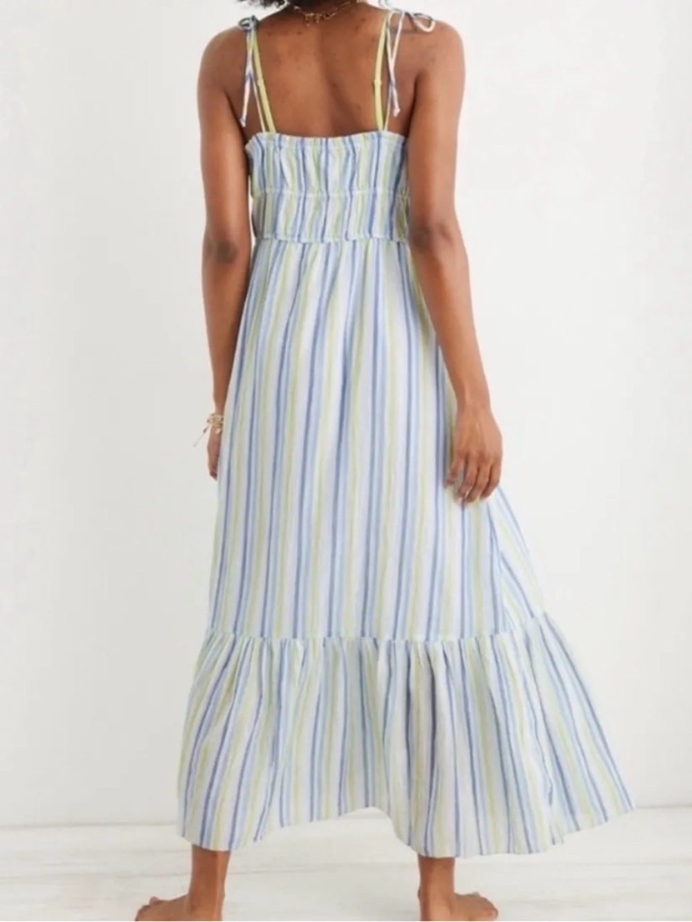 Aerie Button Front Maxi Dress Striped Cotton Blue Green Medium - Picture 2 of 14